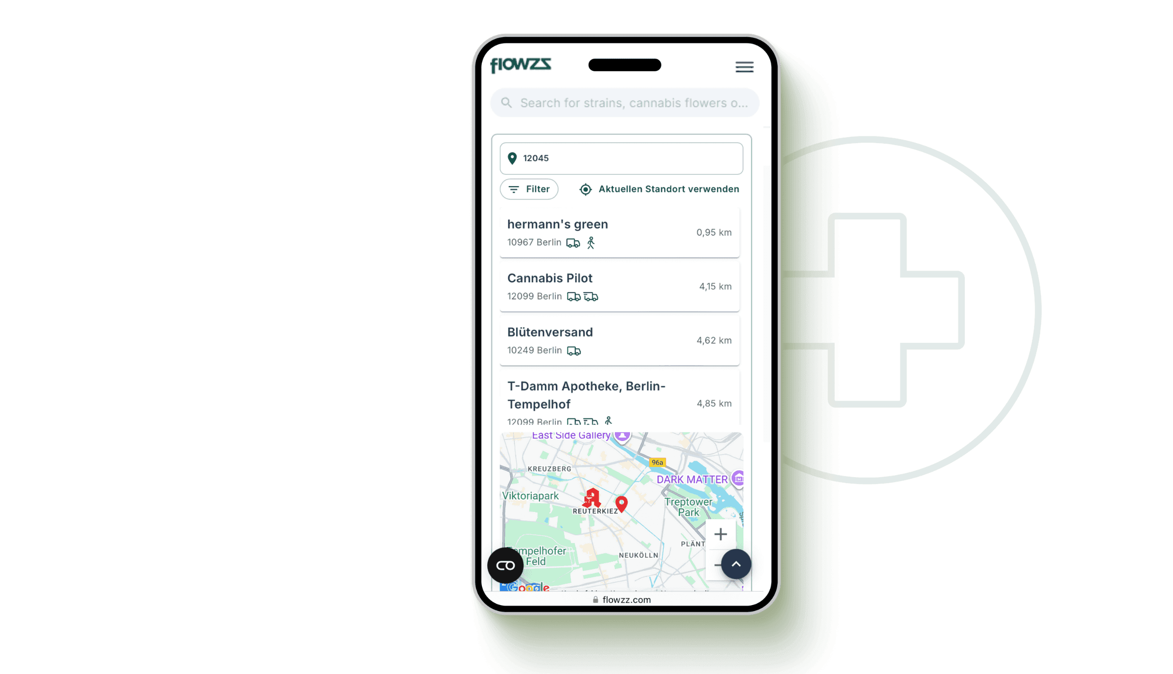 Smartphone, auf dem eine Map mit Cannabis Apotheken in der Nähe angezeigt wird