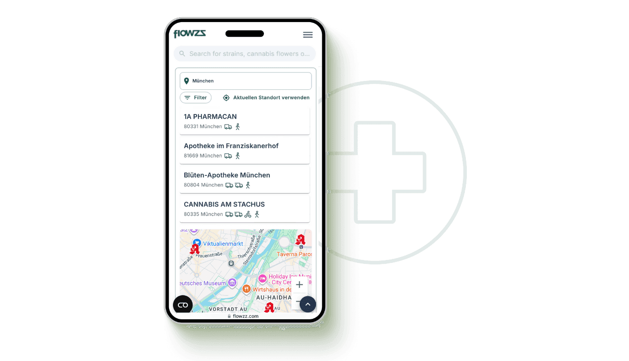 Smartphone das alle Cannabis Apotheken in Bayern im flowzz Preisvergleich zeigt